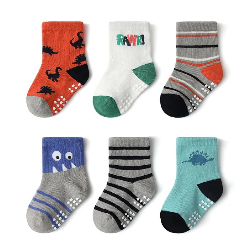 6 أزواج من الجوارب للأطفال غير القابلة للانزلاق على شكل ديناصور كرتوني لطيف للأولاد جوارب أرضية مريحة تسمح بمرور الهواء للأطفال الصغار الذين يتعلمون المشي #3