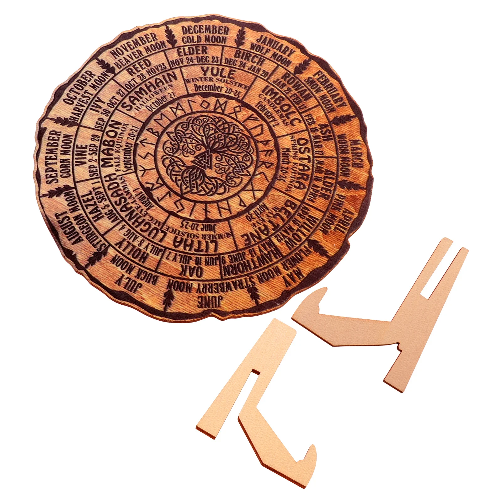 Wooden Ornament Tree Ring Design Desktop Decoration Natural Wood Wheel Of The Year Decorative Calendar Handmade Wood Round