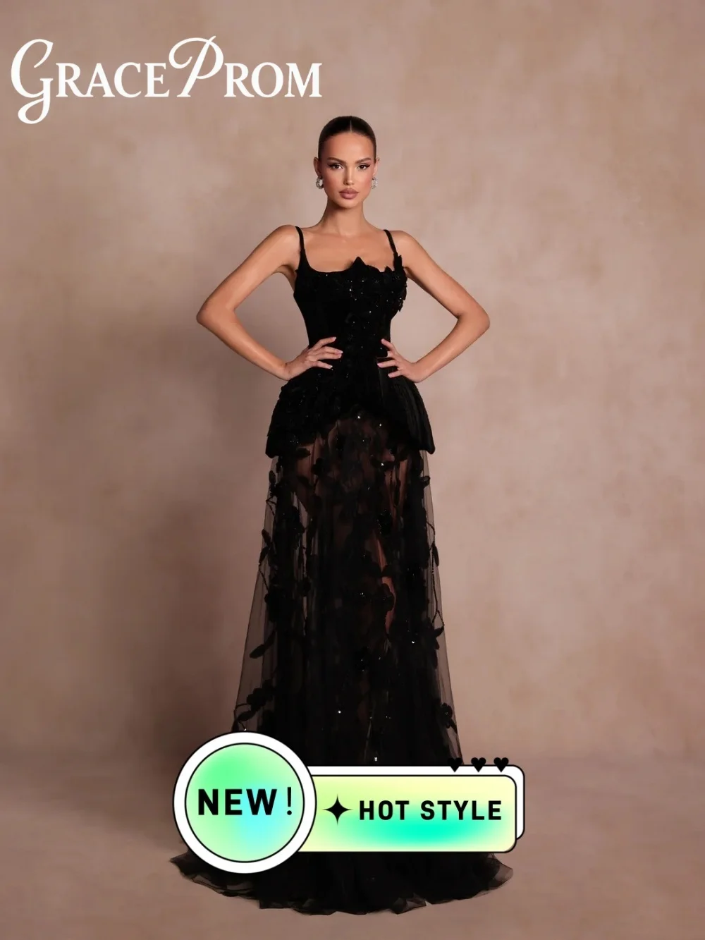 

GraceProm Elegant 3D-Floral Appliqué Evening Dress 2026 Velvet-Bodice Carpet Gown Fashion Floor-Length Party Gown فساتين سهرة