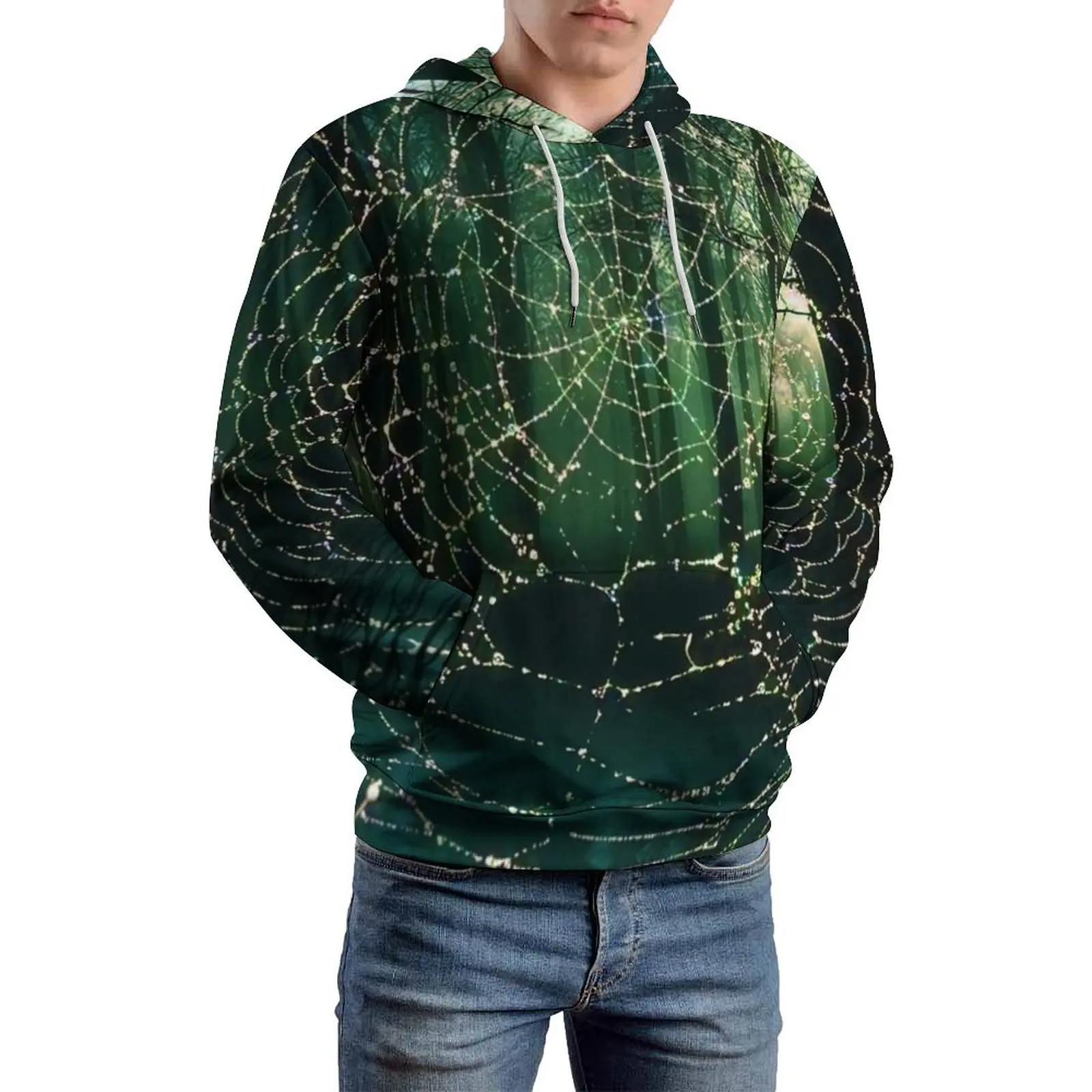 Dark Gothic Casual Hoodies Spider Web Print Classic Hoodie Unisex Long-Sleeve Trendy Graphic Top Big Size