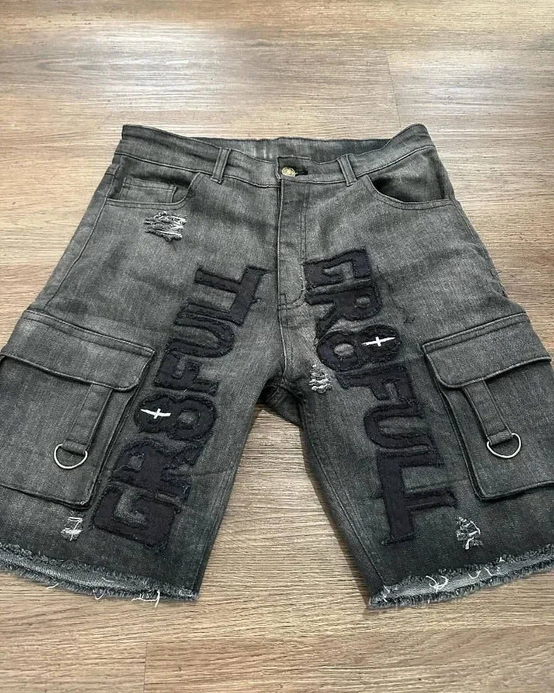 Y 2K Nieuwe Mode Retro Rock Hiphop Stijl Brief Borduurwerk Patch Distressed Denim Shorts Amerikaanse Trend All-Match Shorts Trend