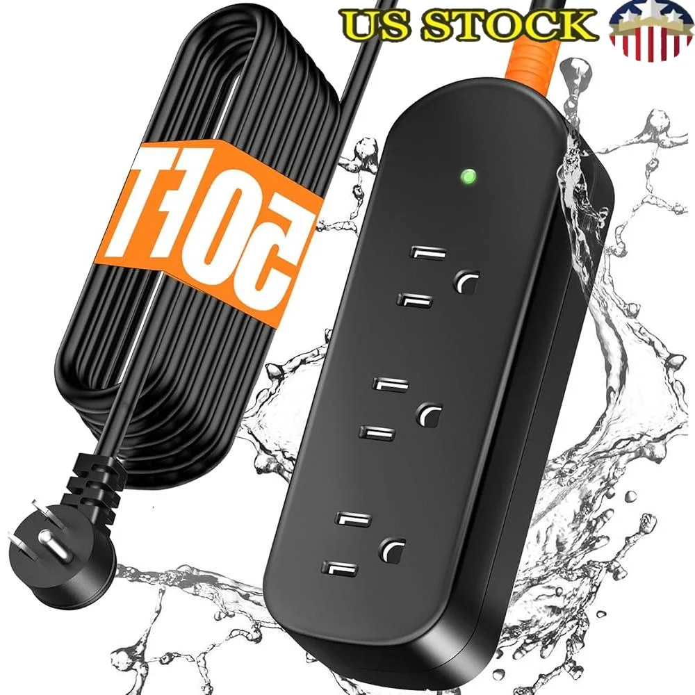 

50FT Outdoor Extension Cord Waterproof Power Strip Surge Protector with 3 Wide Outlets Weatherproof Shockproof Circuit Breaker
