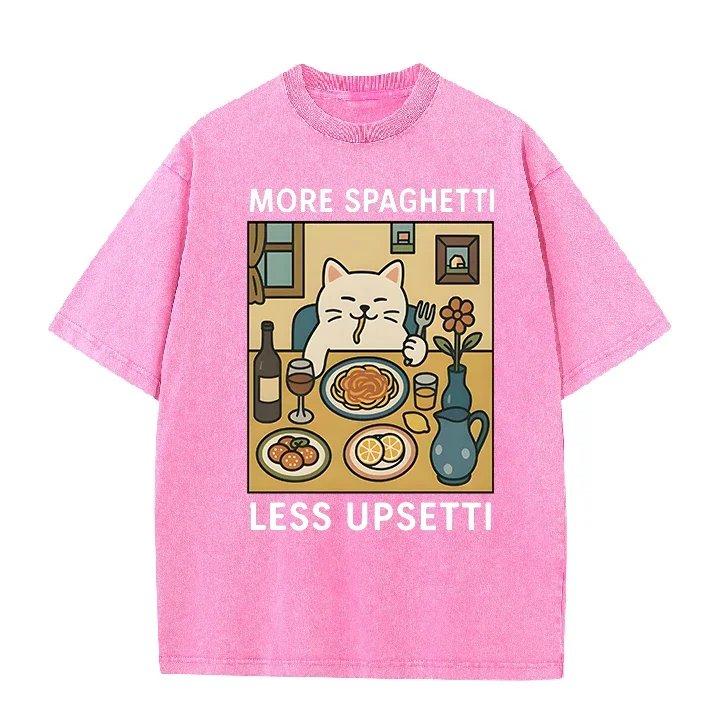 Funny Cat T-Shirt More Spaghetti Less Upsetti Print Harajuku O Neck Cotton Short Sleeve Tee 2026 Cat Lovers Men Women Daily Wear