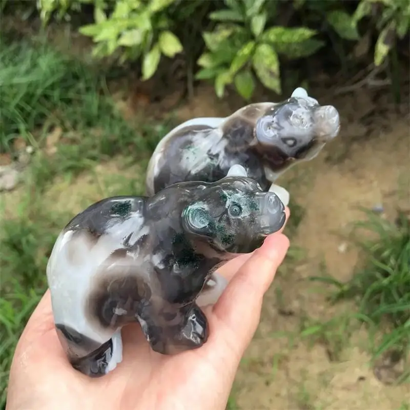 Natural Moss Agate Bear Animals Healing Stone Home Decoration Crafts Ornaments Figurine Children Gifts 1pcs