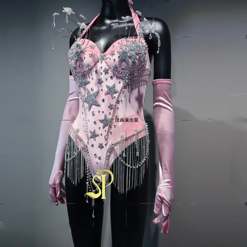 생일 파티 의상 바 나이트클럽 디제이 파티 고고 댄스 의상 스타 스팽글 태슬 바디수트 여성 폴댄스 의상 무대 의상