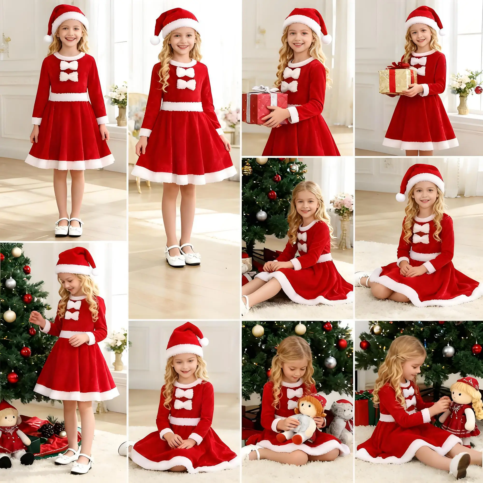 

New Year Kids Santa Claus Costumes Long Sleeve Elf Cosplay Christmas Carnival Party Fancy Dress for Girls Red Xmas Clothes Sets