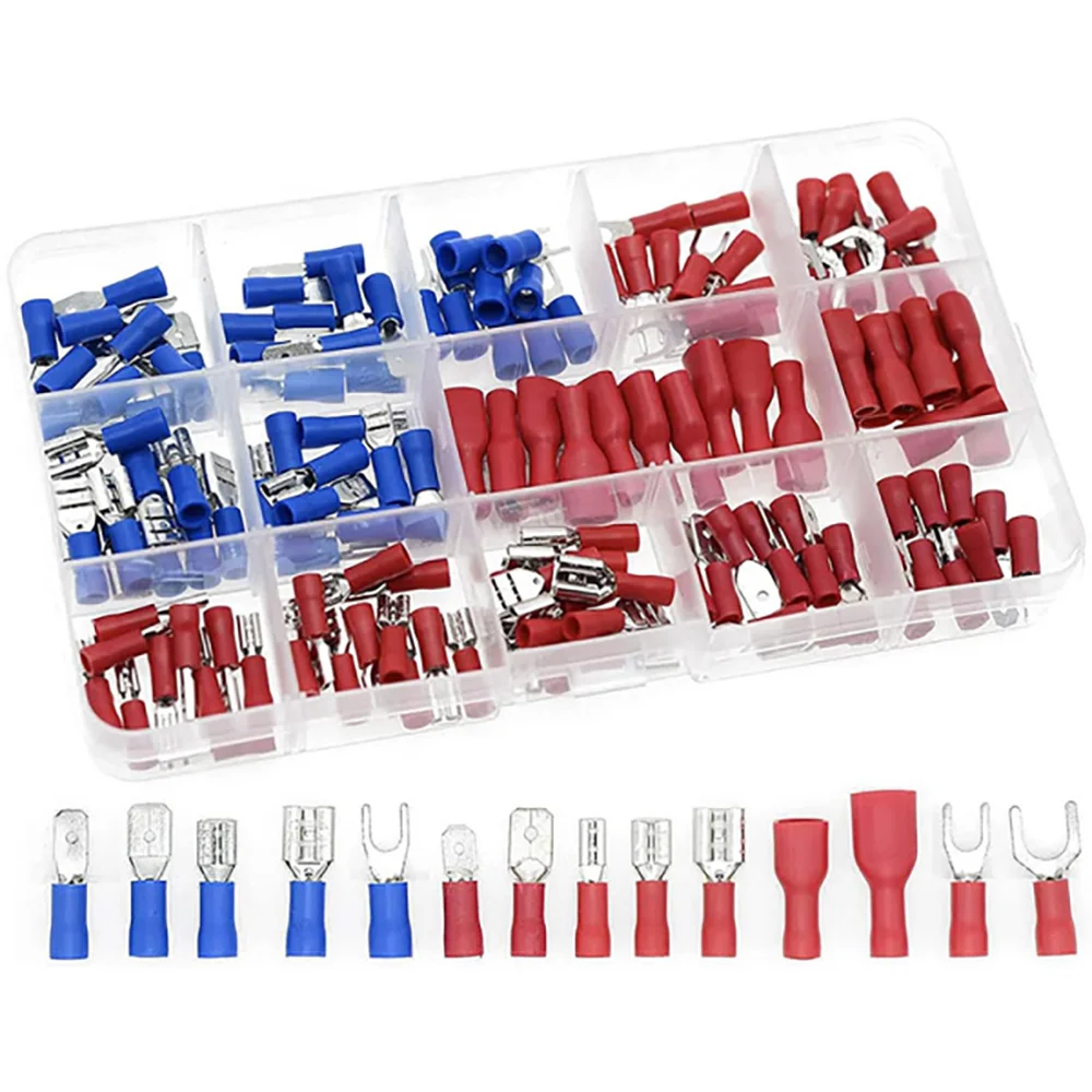 140-teiliges Set Elektrische Kabelverbinder, Isolierte Draht-Crimpklemmen U-Typ Gabel-, Flach- und Ringverbinder, Stecker/Buchse Crimpklemmen – Detail 1