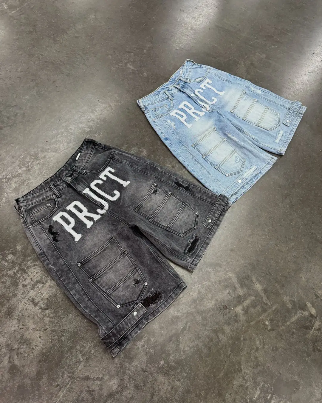 Hip Hop Punk New Patchwork Hole Letter Pattern Denim Shorts Retro Harajuku Super Multi Pocket Gym Shorts Mens Womens Streetwear