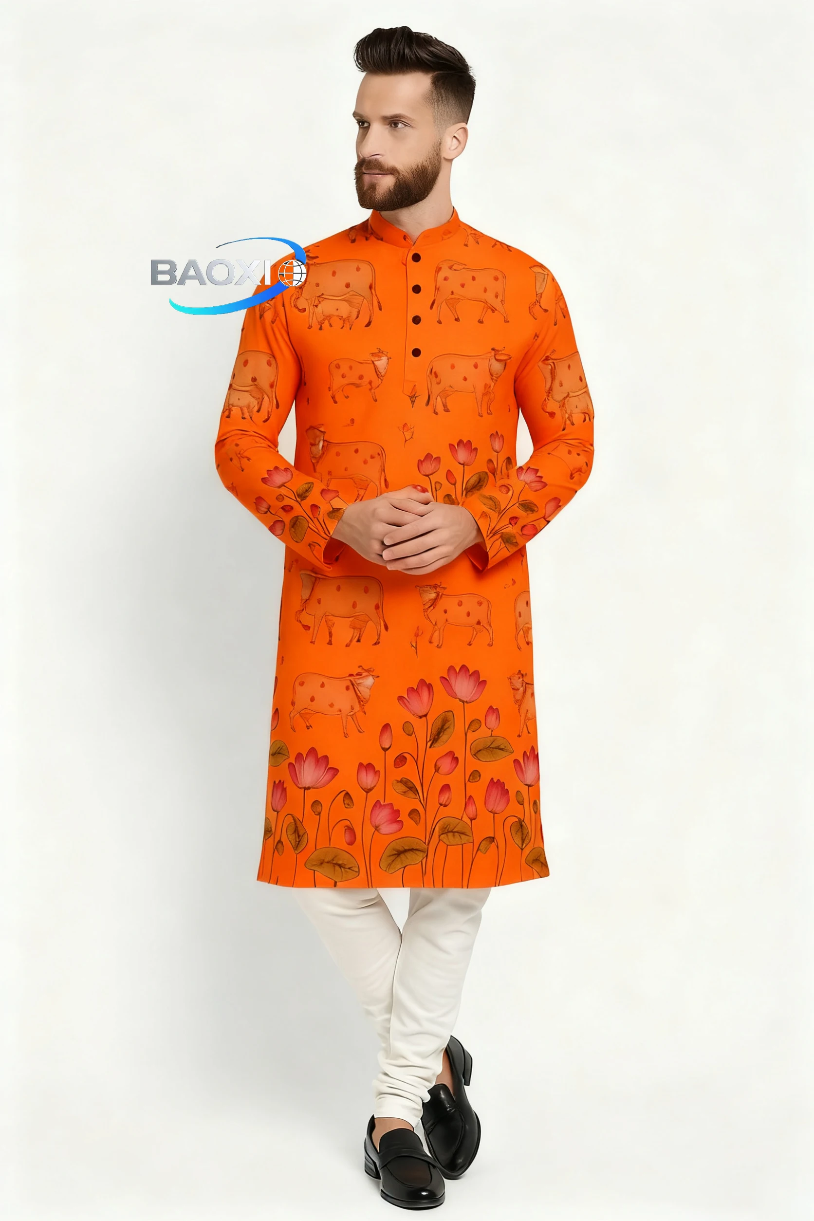 2025 uomo stampato kurta dheha alla moda e confortevole vestibilità colletto alla coreana abito lungo adatto a tutte le occasioni,