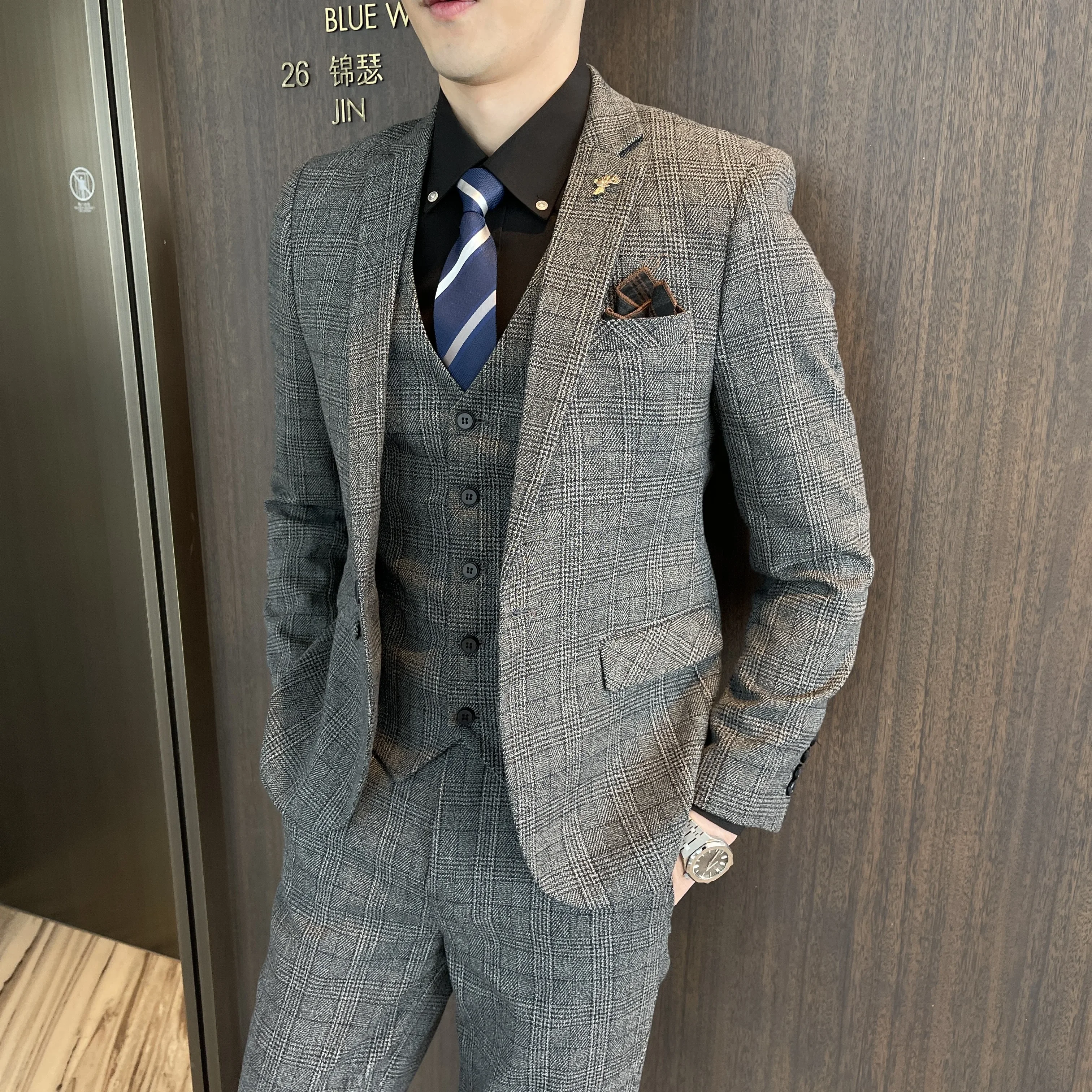 2025 고급 정장 패션, 멋진 캐주얼 비즈니스 슈트 (수트 + 조끼 + 바지) 남성 쓰리피스 세트