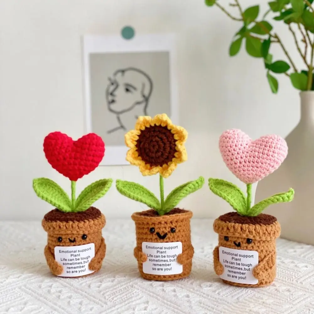 Handmade Positive Energy Crochet Flower Sunflower Love Heart Hand Woven Flower Potted Desktop Ornament Knitting Flowers