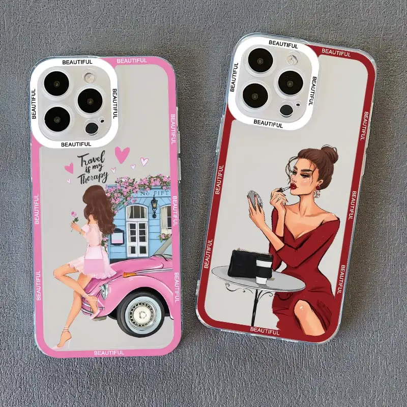 Clear Beauty Makeup City Girl Pattern Case For iPhone 14 X XR XS 15 13 12 11 Pro Max drawn girl Cover For iPhone 7 8 Plus SE2