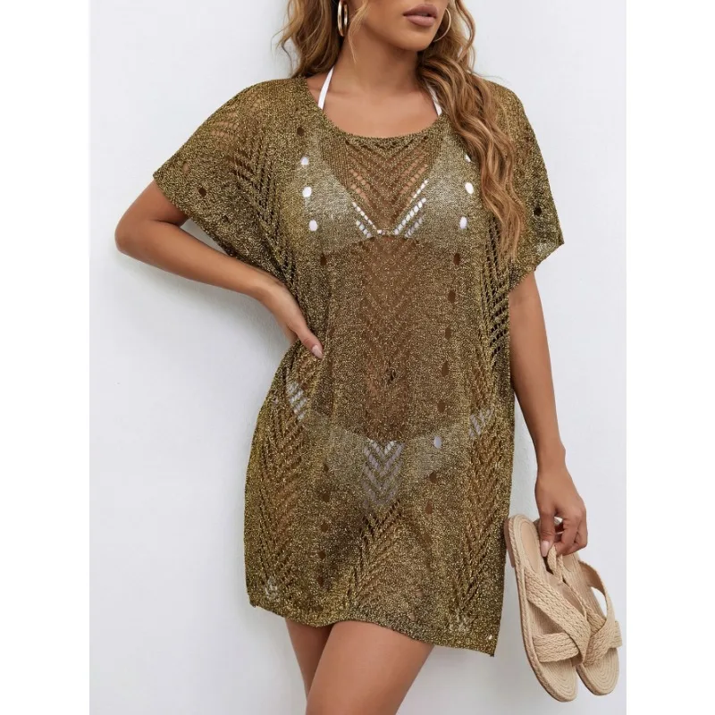 Women Lurex Knit Beach Cover Up Dress Hollow Out Short Sleeve Side Split Bikini Cover For Summer Beach view 6
