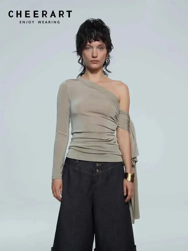 

CHEERART Fall 2025 Designer Off Shoulder Top For Woman Khaki Long Sleeve T Shirt Fashion Tees Kintted Solid Top Clothes