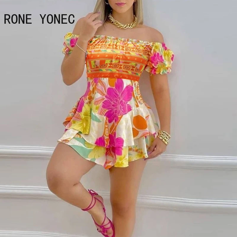 Women  Chic Off Shoulder All Over Print with Floral Print Cascading Ruffle Hem Mini A-line Sexy Dress