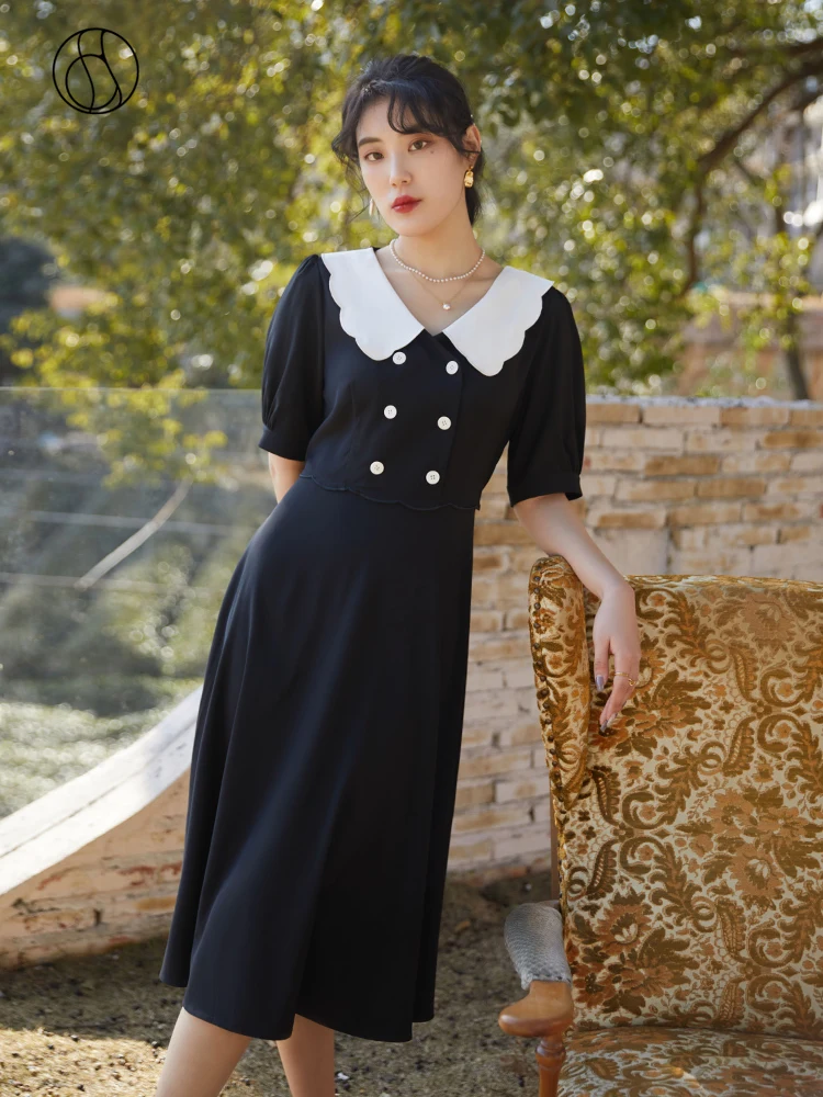 

DUSHU Women Button Decorative Dress Contrasting Lace Collar Design A-line Skirt Women French Vintage Temperament V-neck Dresses