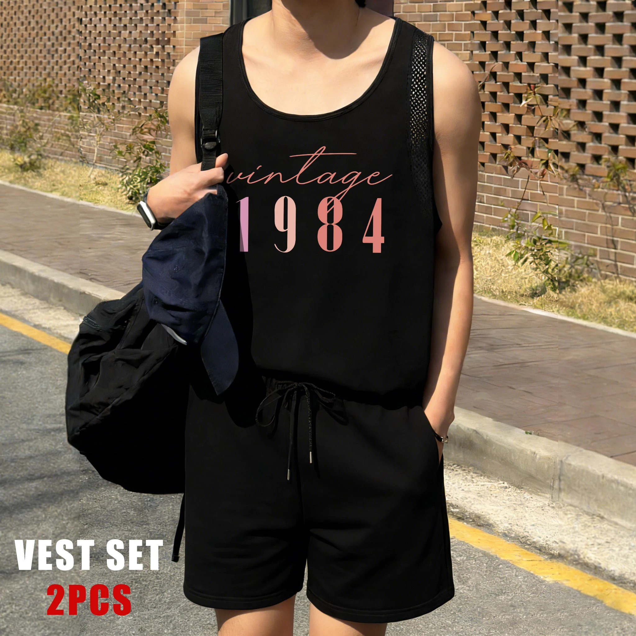 

Color Number 1994Pattern Men Reticular Vest Set Fashion Vintage Shorts Summer New Soft Basics Tank Unisex O-Neck Clothing