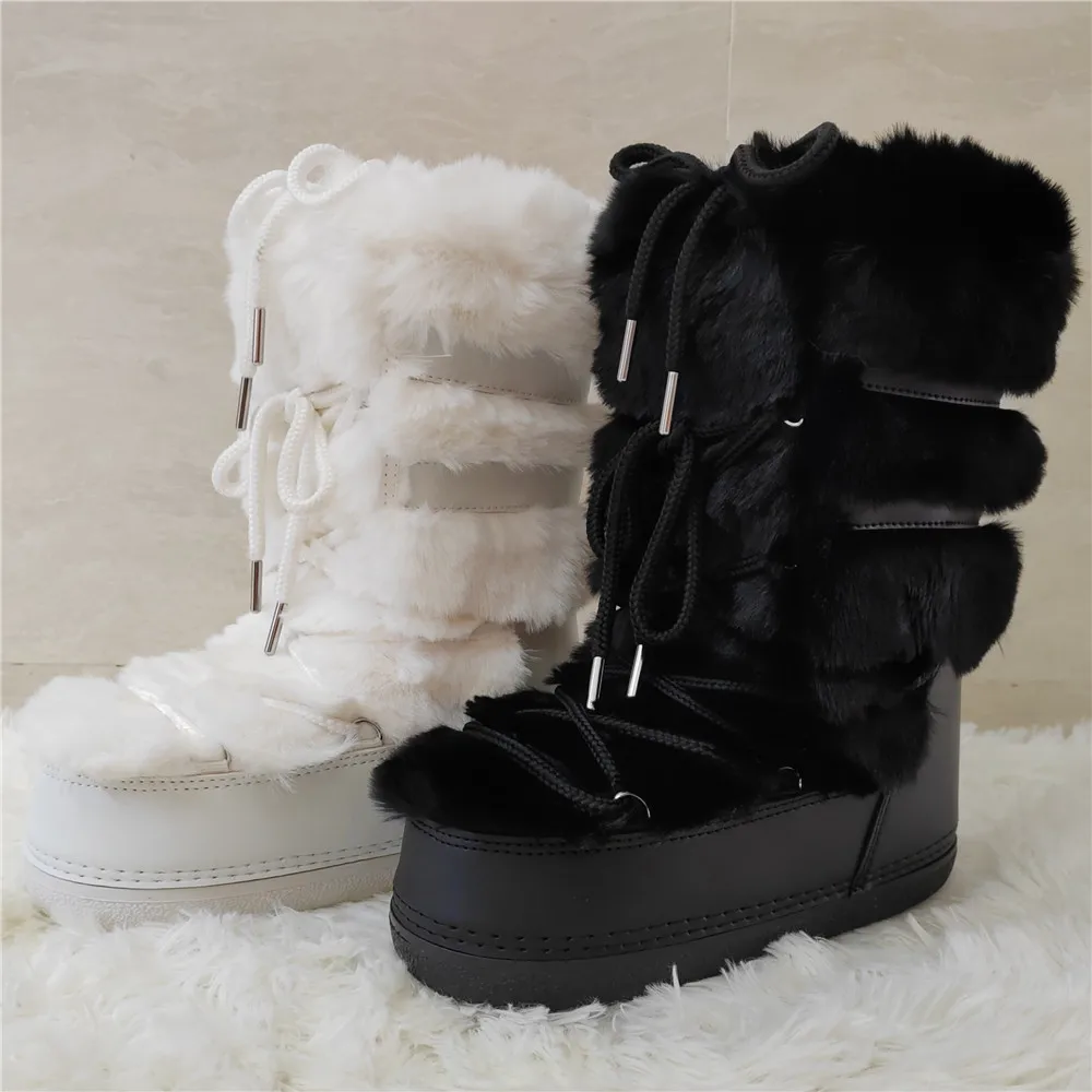 2024 Winter Snow Boots Mid-calf Lace-up Rabbit Fur Women Ski Boots Female Platform Waterproof Leather Black White Fur Boots