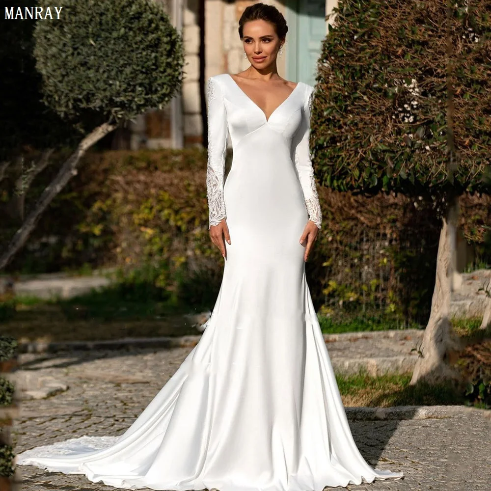 

MANRAY Charming Satin Mermaid Wedding Dresses 2023 Lace Long Sleeves V Neck Sweep Train Bridal Gown Backless Vestido De Noiva