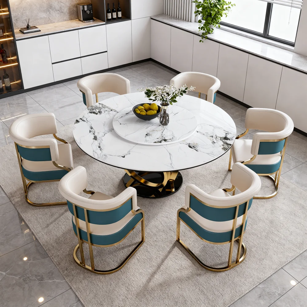 59 Inch Round Dining Table Set with 360° Rotating Lazy Susan, Scratch & Heat Resistant Sintered Stone Tabletop, 4/6 Gold Plated Iron Frame Thick Cushion Chairs, Dinette Set for Dining Room Kitchen Compact Space