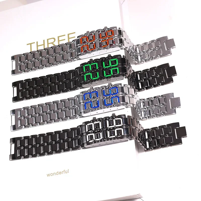 

Fashion Silver Full Metal Digital Lava Wrist Watch Men Blue LED Display Mens Watches Gifts for Male Boy Sport Creative Clock