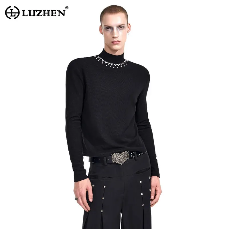 

LUZHEN 2025, осенние новые футболки с длинными рукавами и ромбовидным лоскутным воротником, мужская модная оригинальная уличная одежда, облегающая одежда JY5871