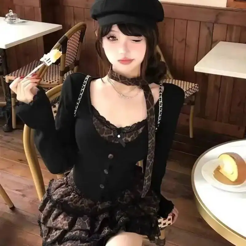 Y2k-traje nuevo Punk Retro para mujer, bufanda, Top de manga larga, faldas de pastel adelgazantes de cintura alta, conjunto de dos piezas