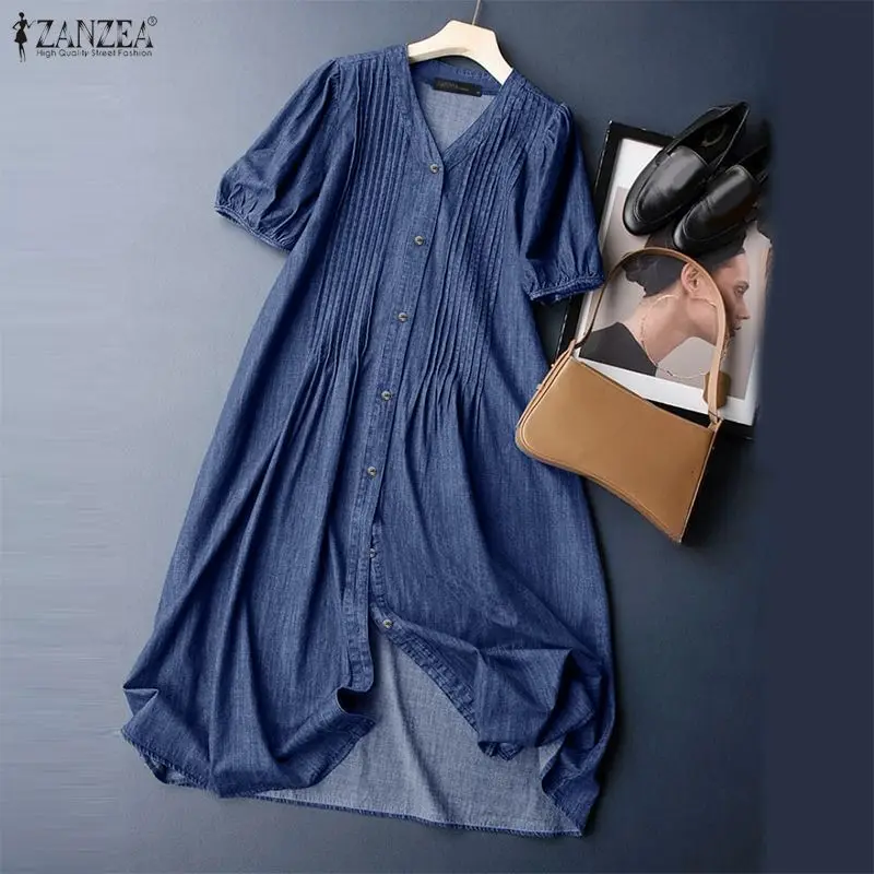 ZANZEA Women Denim Dress Fashion V-Neck Sleeve Half Sleeve Pleated Sundress Patchwork A-line Vestidos Casual Solid Color Robe