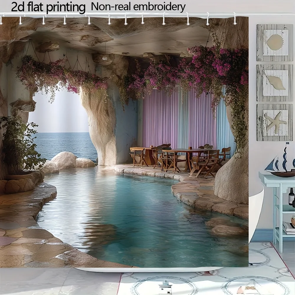 

3D Cave Pool Shower Curtain, Tropical Ocean View Print, Waterproof Polyester Bathroom Curtain with Hooks