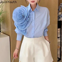 2024 Camisas De Mujer Blouse for Women Elegant Floral Shirts Oversized Tops Long Sleeve Fashion Pleated White Casual Blouses