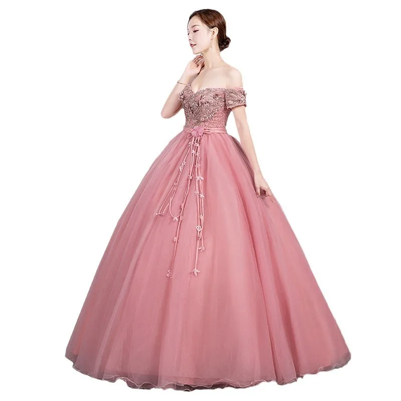 Robe de mariée et robe de soirée brodée pour femmes, asymétrique épaule dénudée, à la mode, amincissante, fil coloré, jupe bouffante, longue, 2026