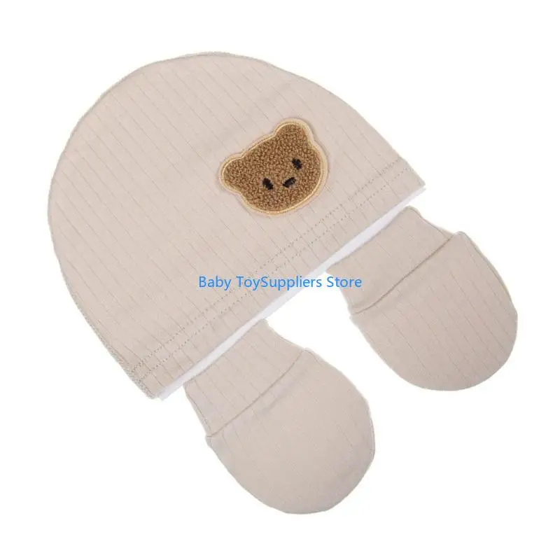 

R1WF комплект шапочки и перчаток для плода, эластичные шапочки для новорожденных, шапка-тюрбан с мультяшным медведем для малышей