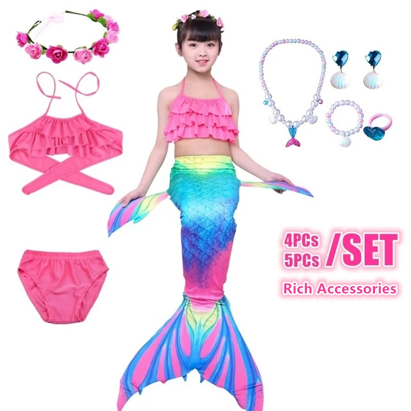 

NEW Design 4Pcs 5Pcs/Set Kids Mermaid Tails Swimsuit Mermaid Necklace Flower Headwear Swim Monofin Mermaid Princess Cosplay