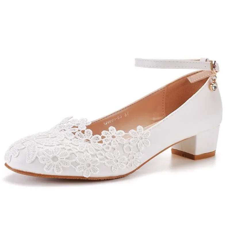 Woman Pumps Brand Design Lady Round Toe Lace Buckle Strap PU 3CM Square Heel Lady Wedding Fashion Women Shoes White