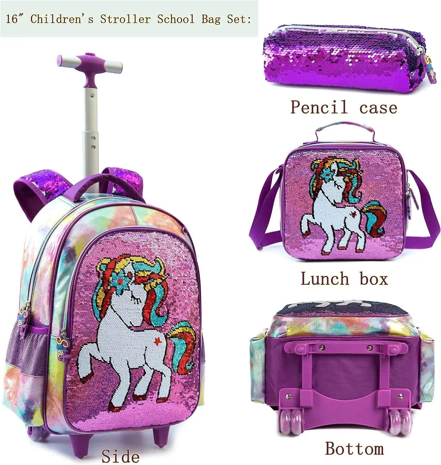 16 Inch Kawaii Backpack for Girls Children's Wheeled Backpack Sequin Bag with Lunch Box Pencil Cases for Elementary Students