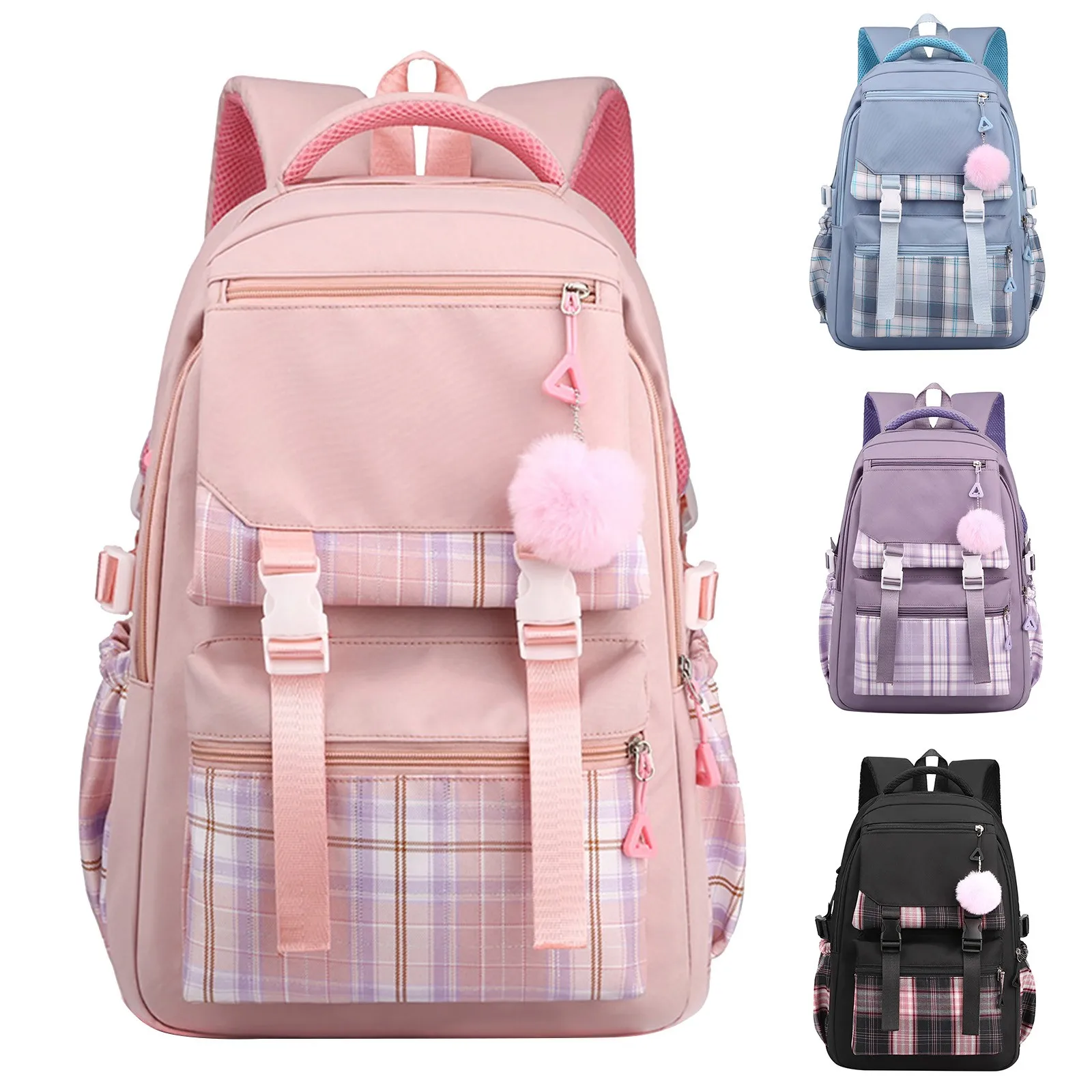 

Ladies Fashion Solid Color Cloth Large Capacity Schoolbag Adjustable Shoulder Belt Double Zipper Mini Umbrella For Backpack