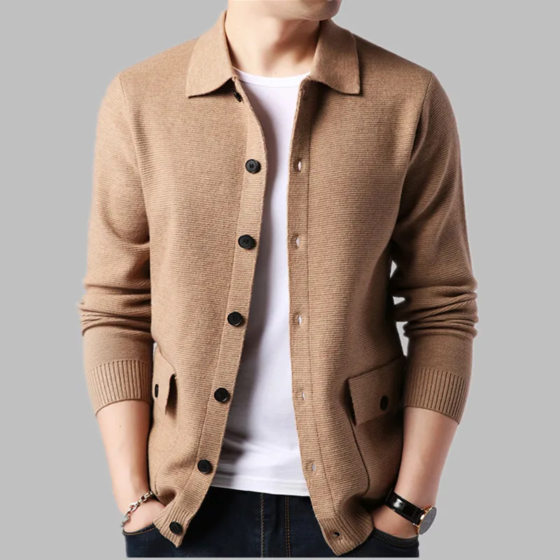 Autumn New Men's 100% Pure Cashmere Cardigan Male Winter Lapel Solid Color Sweater Knitted Coat Fashion Casual Jackets Hombre