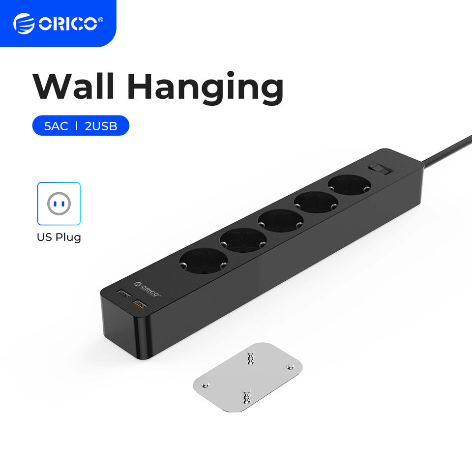  ORICO Power Strip Multiprise AC+2USB Electronic Socket Home Office Surge Protector EU Plug Extension Cable Wall Mounted Charger 