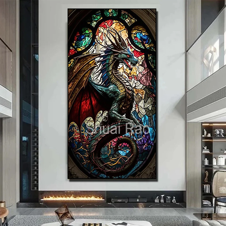 Large Stained Glass Dragon Diamond Painting 2023 New Full Square Round Diamond Art Mosaic Diy Puzzle Handmade Gift Home Decor