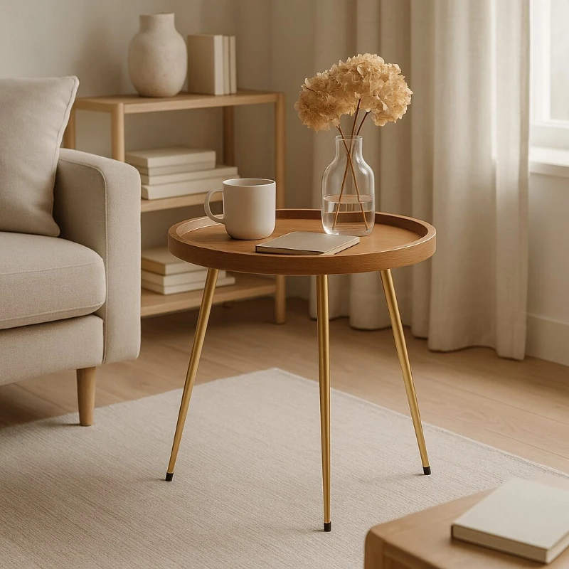 Elegant Natural Oak Coffee Table, Golden Frame Side Table, Round End Table for Bedroom Nightstand, Living Room or Balcony