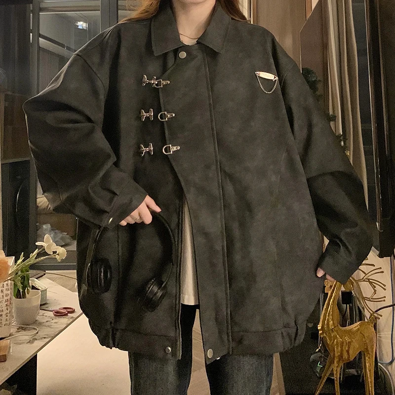 2024 autunno New American Retro Pu giacca in pelle fibbia in metallo colletto rovesciato manica lunga giacche larghe cappotti Streetwear top
