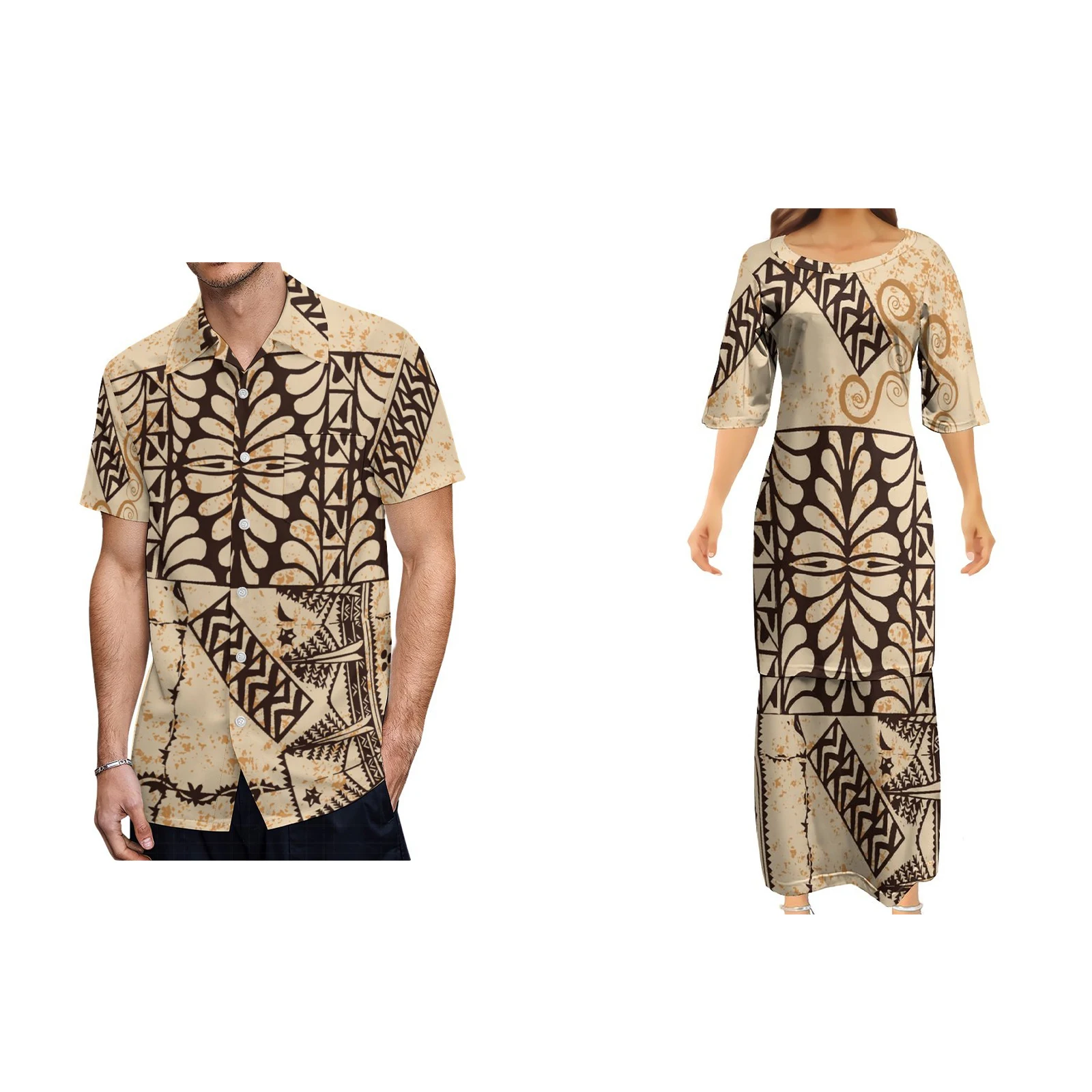 Wholesale Pacific Island Art High Quality Ulafala Puletasi Dresses Customized On Demand Polynesian Ethnic Style Couple Suit