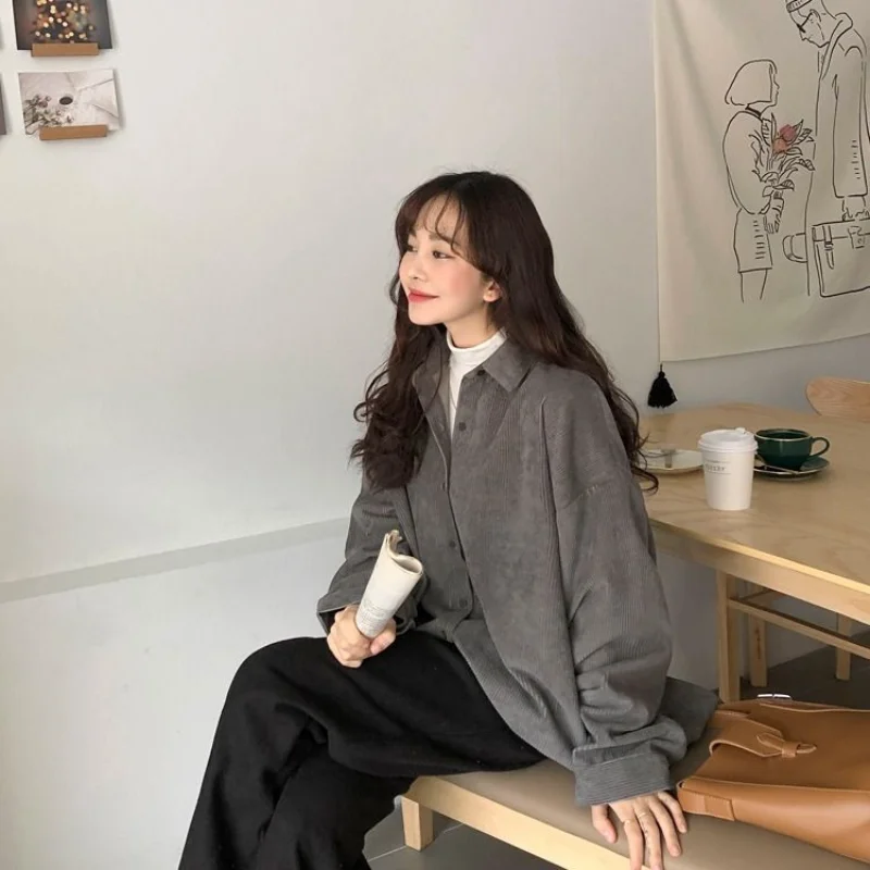 Corduroy Loose All-match Blouse Spring Autumn New Polo Neck Long Sleeve Solid Color Shirt Tops Harajuku Casual Women Clothing