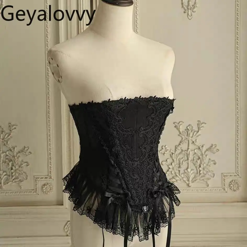 spring-autumn-polyester-chinese-style-half-bust-waistband-gothic-lolita-sweet-girls-black-lace-bow-silm-corset-belt-for-women