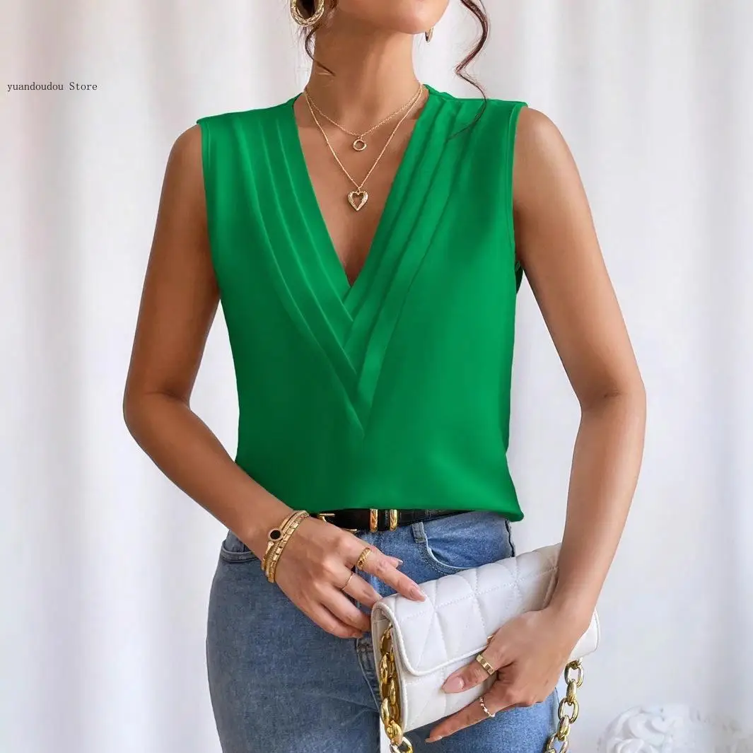 European and American Women's Summer Multi-Level Fashion Casual Versatile V-Neck Vest T-Shirt for Women