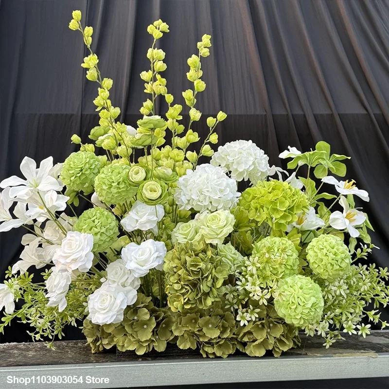 Hochzeits-Hintergrunddekoration Grüne Blätter Hortensie Gänseblümchen Bodenblumenreihe Blumenarrangement Hotel-Szenengestaltung Party-Schaufensterdekoration – Detail 4