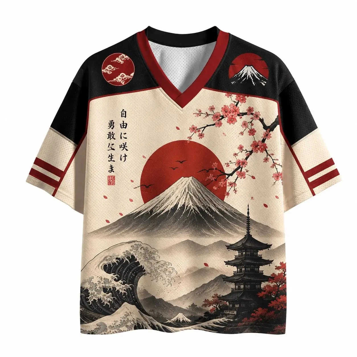 2026 Summer Retro Unisex V-Neck Top Short Sleeve Red Sun Cherry Blossom Fuji Mountain 3D Print Outdoor Fitness Casual T‑Shirt