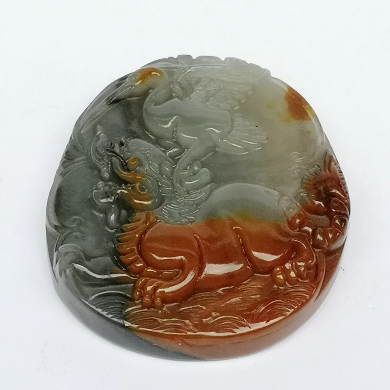 YIZHU CULTUER ART Size 4.8 × 4.2 cm Chinese Huanglong Jade Hand-carved Kylin Crane Statue Netsuke Pendant