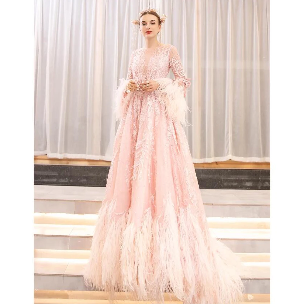 

Pink New Women Wedding Dress Fashion O-Neck Full Sleeves Pearl Beads Appliques Crystal Belt Tassel Sweep Train Wedding Dress 23