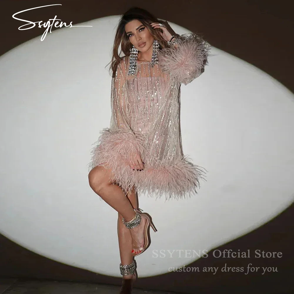 SSYTENS Luxury Beads Feathers Mini Prom Cocktail Dress Soft Tulle Short Wedding Party Gown Customized Arabic Formal Gowns 2025